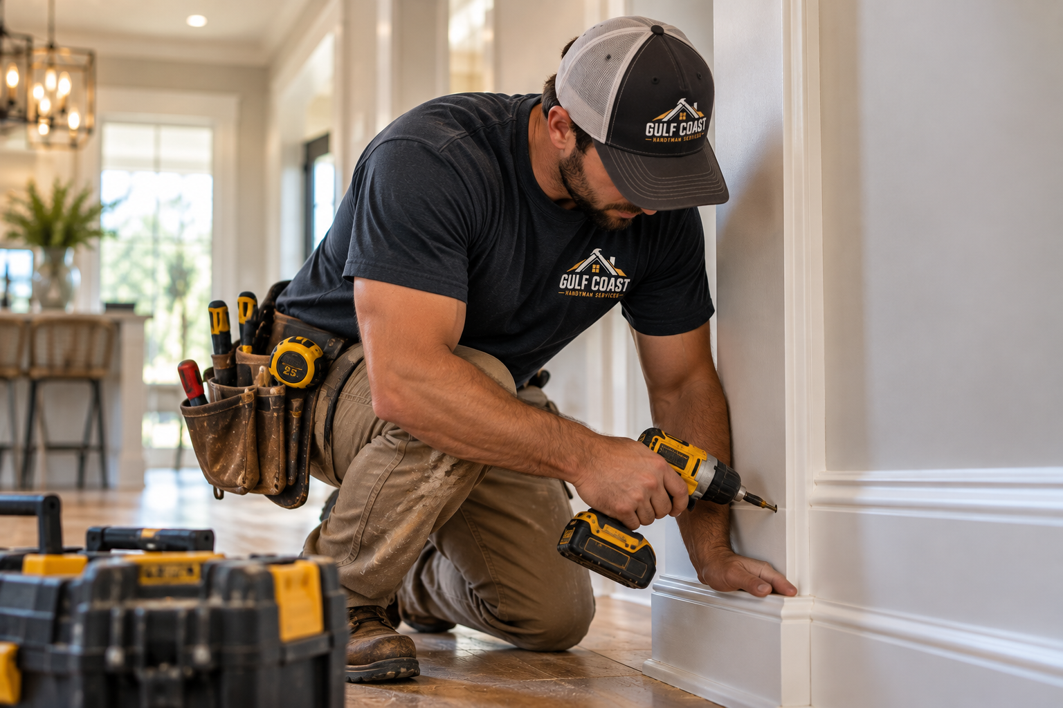 Handyman Installing Trim in Modern Home